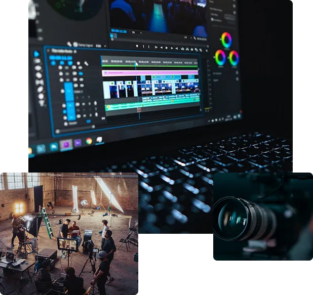 Three images showing video production: a close-up of video editing software on a laptop, a film crew with cameras and lighting equipment in a warehouse, and a close-up of a camera lens.