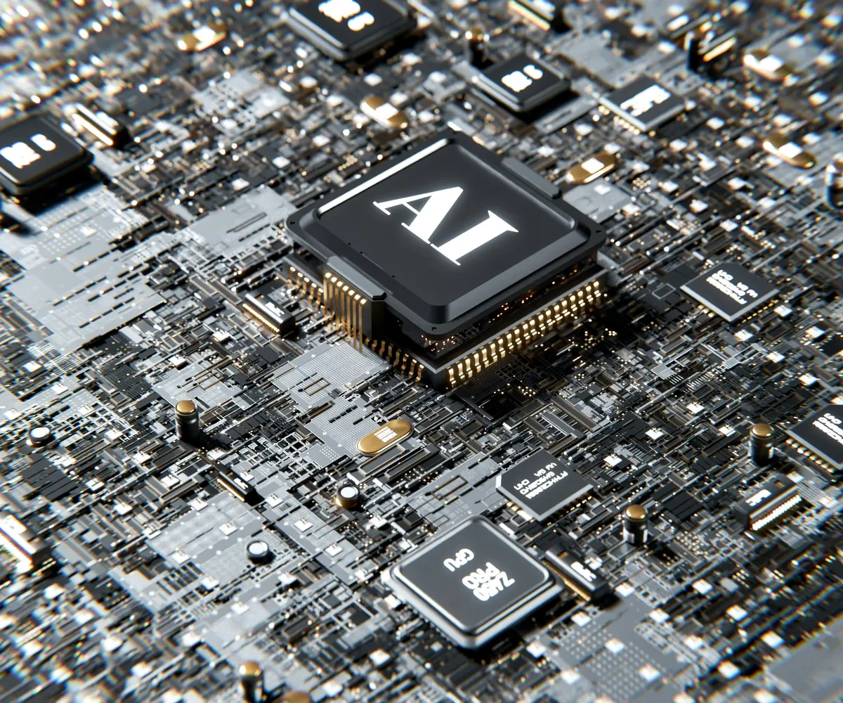 Close-up of a computer circuit board with a central black chip labeled AI and multiple smaller chips and components.