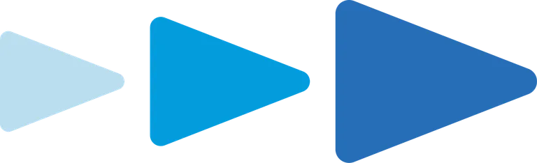 Three right-pointing arrows in a row, increasing in size and darkening in blue color from left to right.