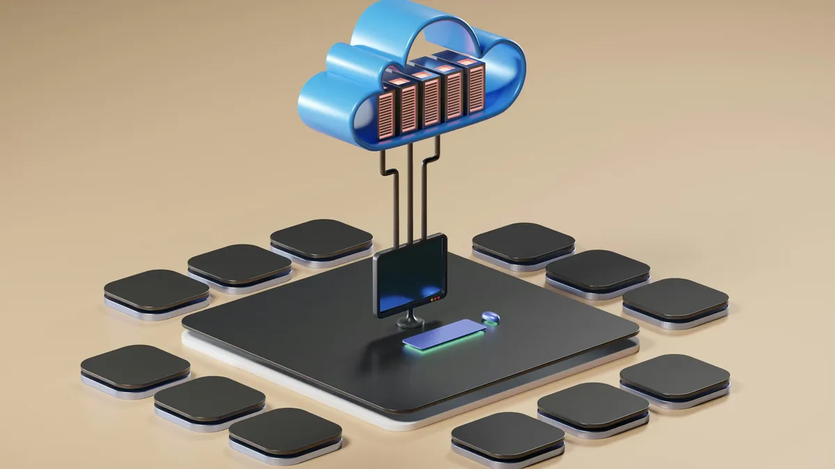 3D illustration of a cloud server connected to a grid of devices, representing data moving to a new platform.