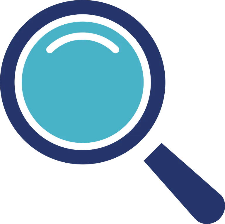 Illustration of a magnifying glass with a dark blue handle and rim and a light blue lens.