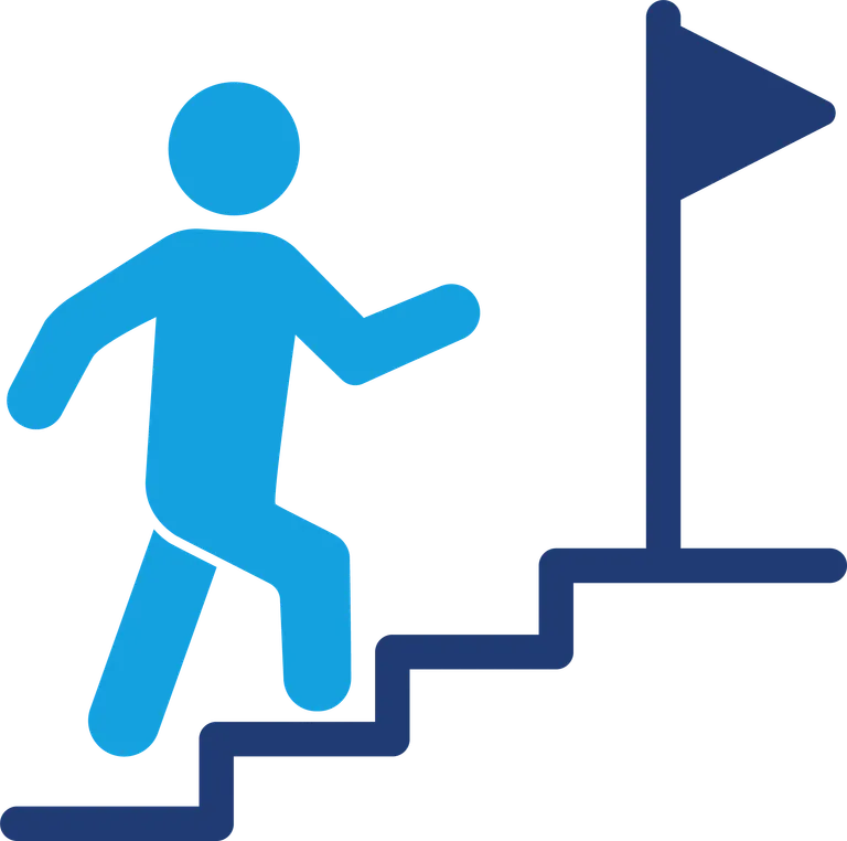 Blue figure climbing stairs towards a dark blue flag representing progress or goal achievement.