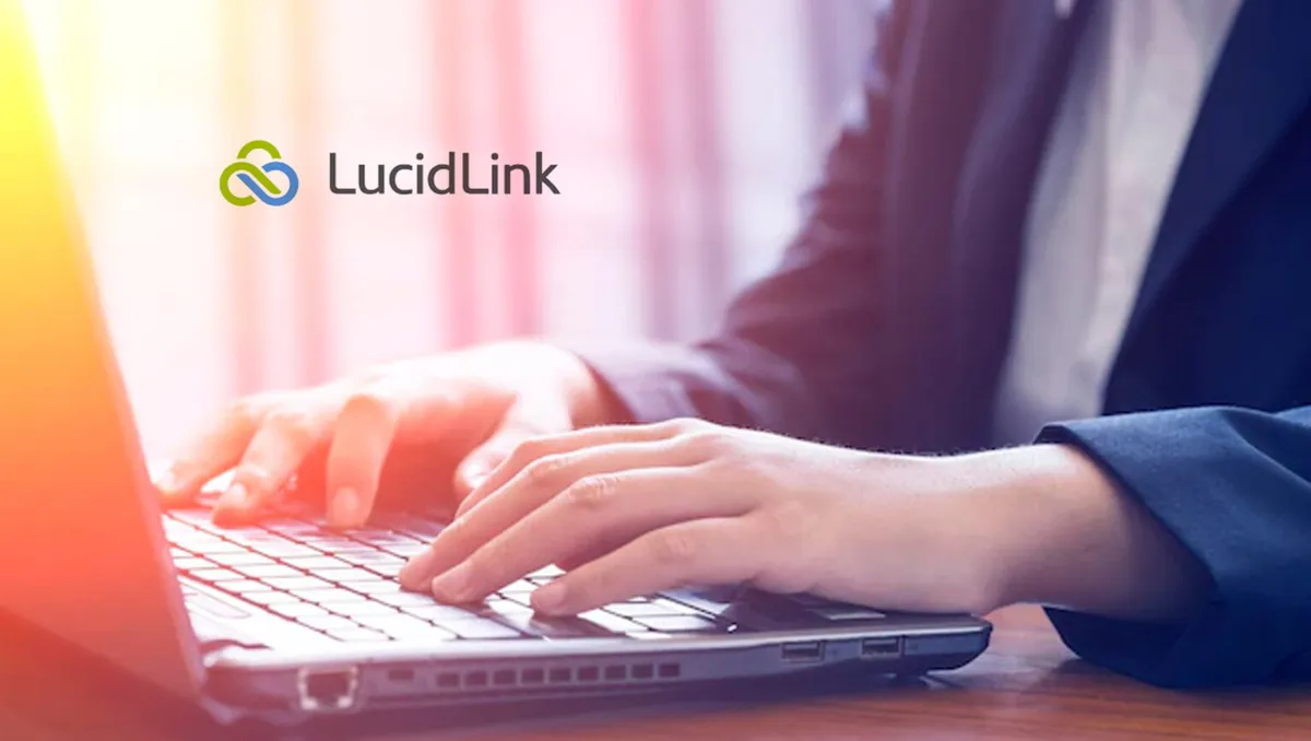 LucidLink logo over a person typing on a laptop.
