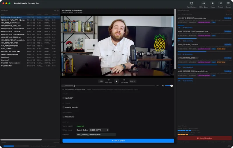 Parallel Media Encoder app showing a video preview next to a queue of encoding jobs.