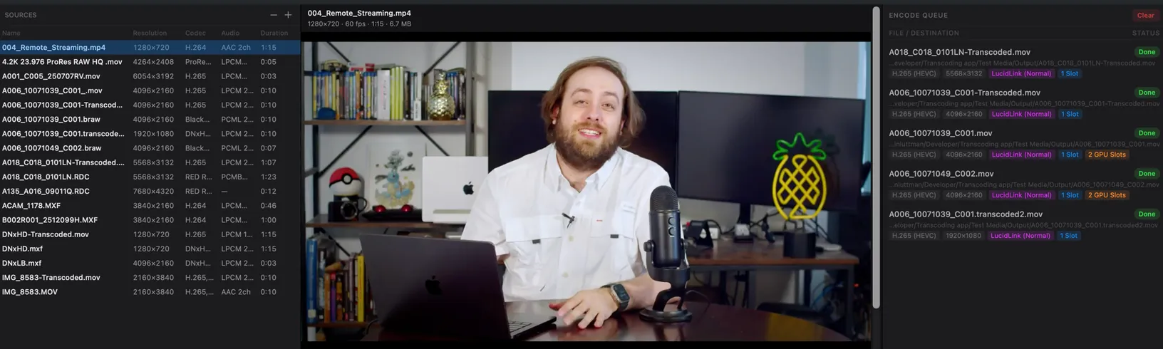Parallel Media Encoder app showing a video preview next to a queue of encoding jobs.