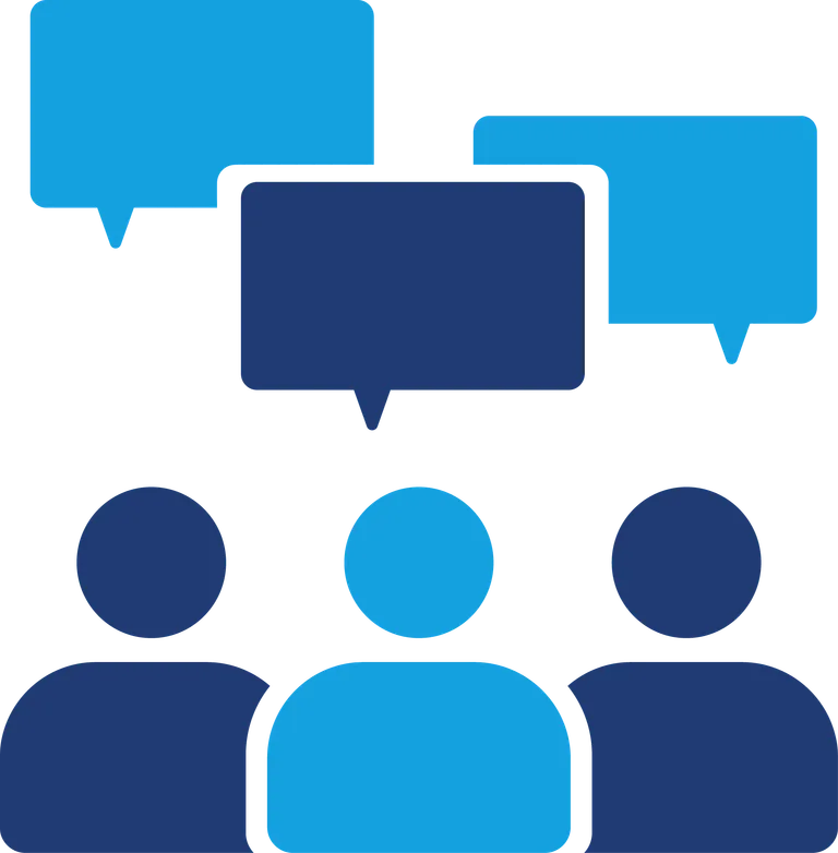 Three human icons with three speech bubbles above them representing communication or discussion.